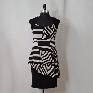 Slimming Simon Chang Black Beige Peplum Tiered Dress , Size Medium